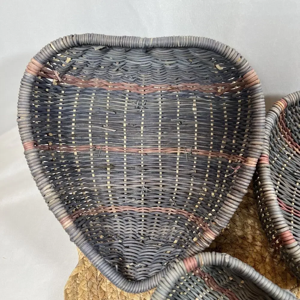 Vintage 80s Heart Wicker Nesting Baskets Set 3 Country Blue Mauve Cottage Decor